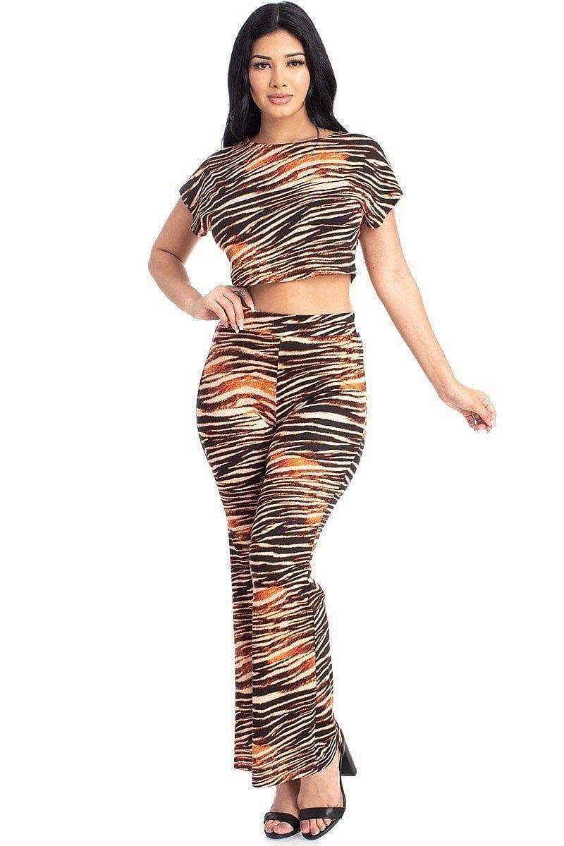 Tiger Stripe Short Sleeve Crop Top And Bell Bottom Pants