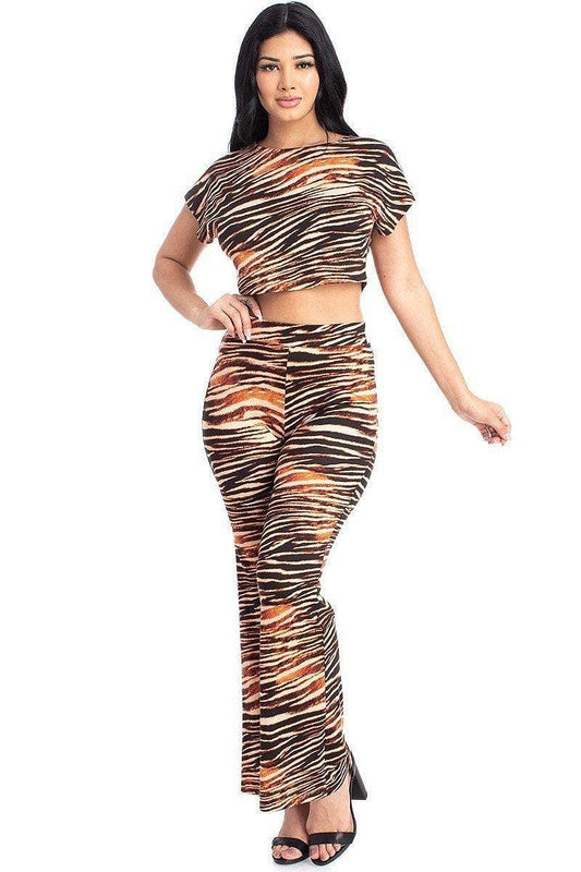 Tiger Stripe Short Sleeve Crop Top And Bell Bottom Pants - Shopping Therapy, LLC Outfit Sets