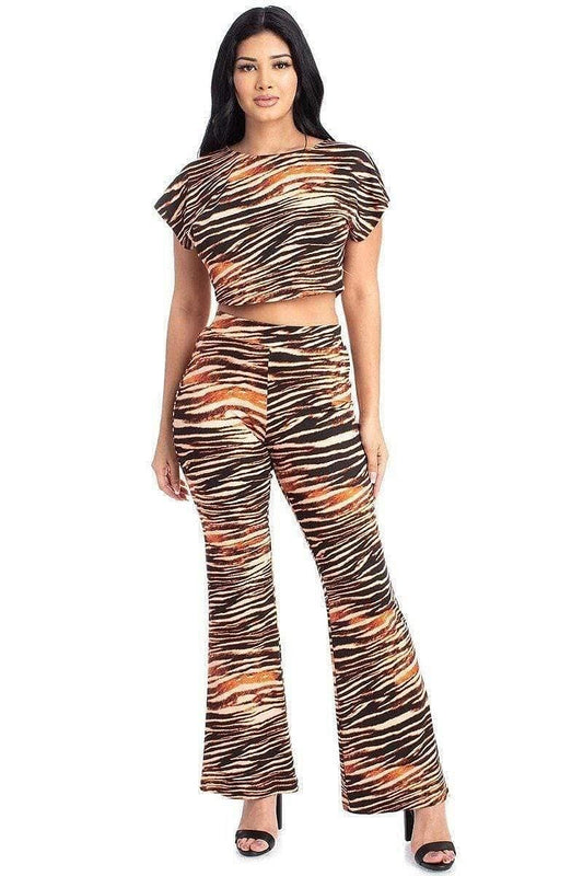 Tiger Stripe Short Sleeve Crop Top And Bell Bottom Pants - Shopping Therapy, LLC Outfit Sets