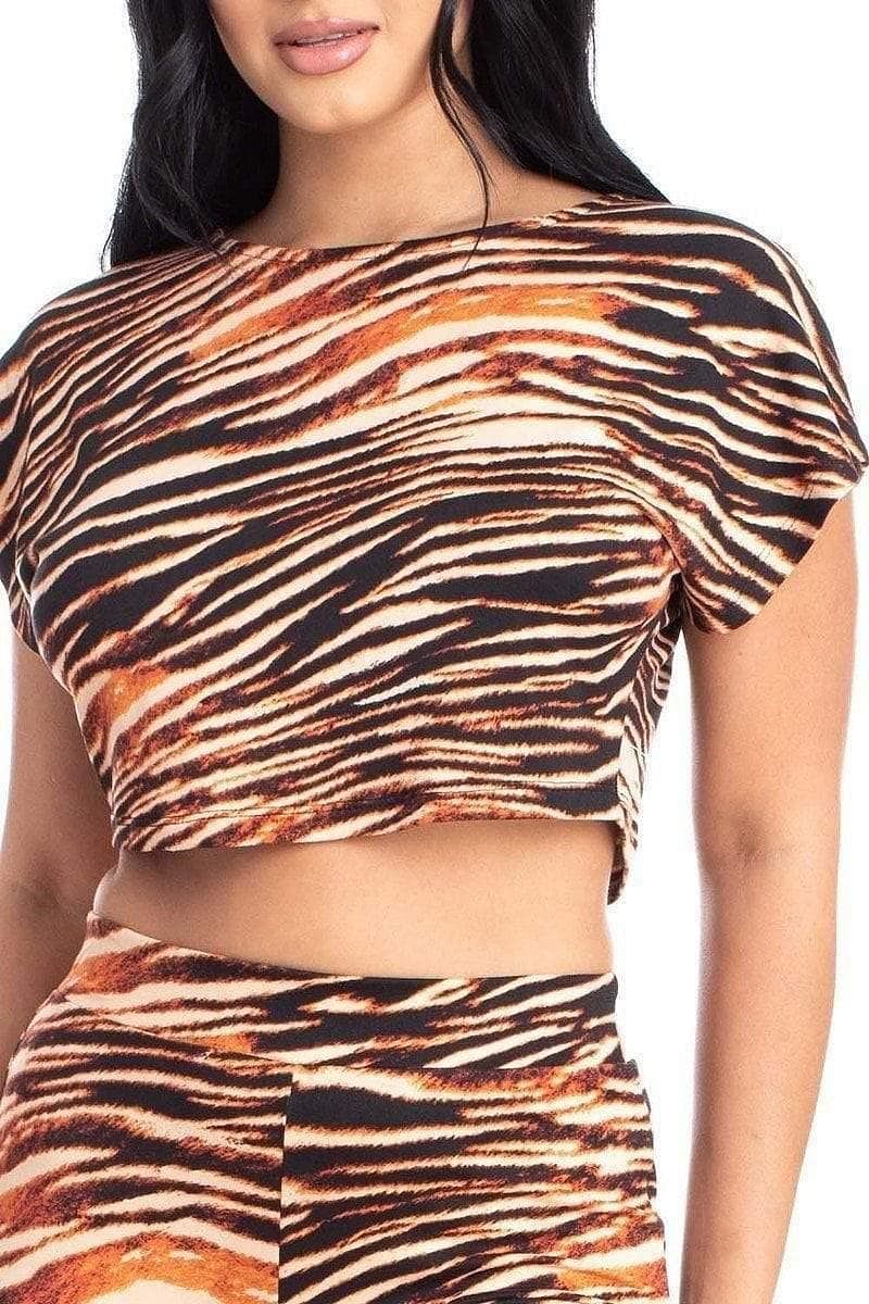 Tiger Stripe Short Sleeve Crop Top And Bell Bottom Pants