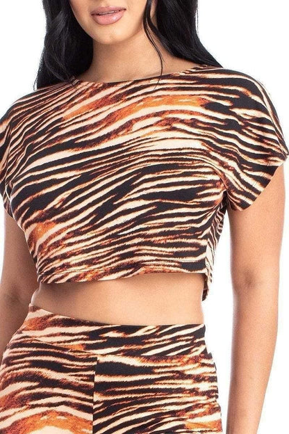 Tiger Stripe Short Sleeve Crop Top And Bell Bottom Pants - Shopping Therapy, LLC Outfit Sets