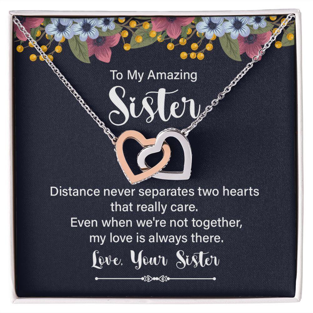 Amazing Sister-Interlocking Hearts Necklace - Shopping Therapy Polished Stainless Steel & Rose Gold Finish / Standard Box Jewelry