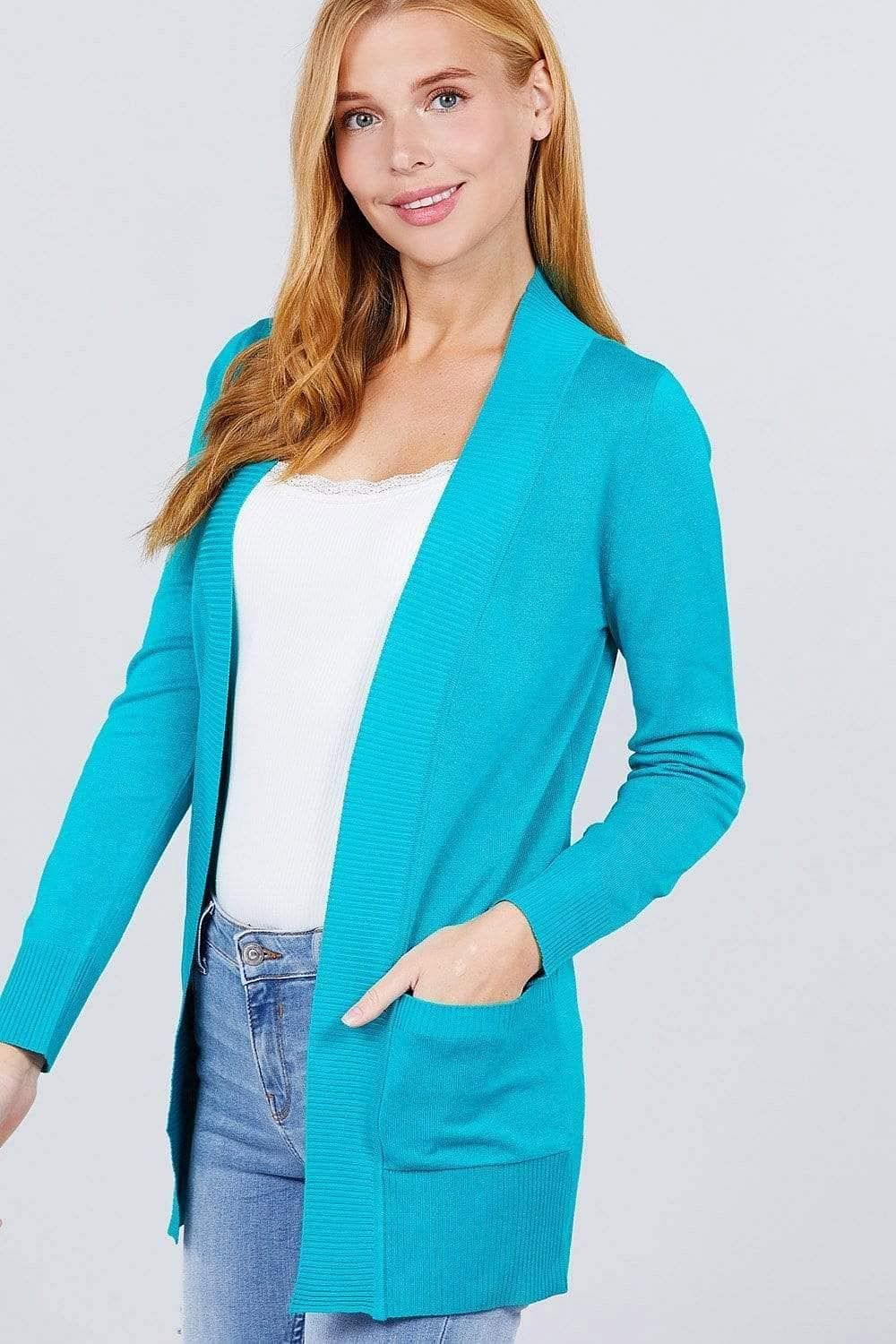 Turquoise Long Sleeve Open-Front Rib Knit Cardigan - Shopping Therapy, LLC Cardigan