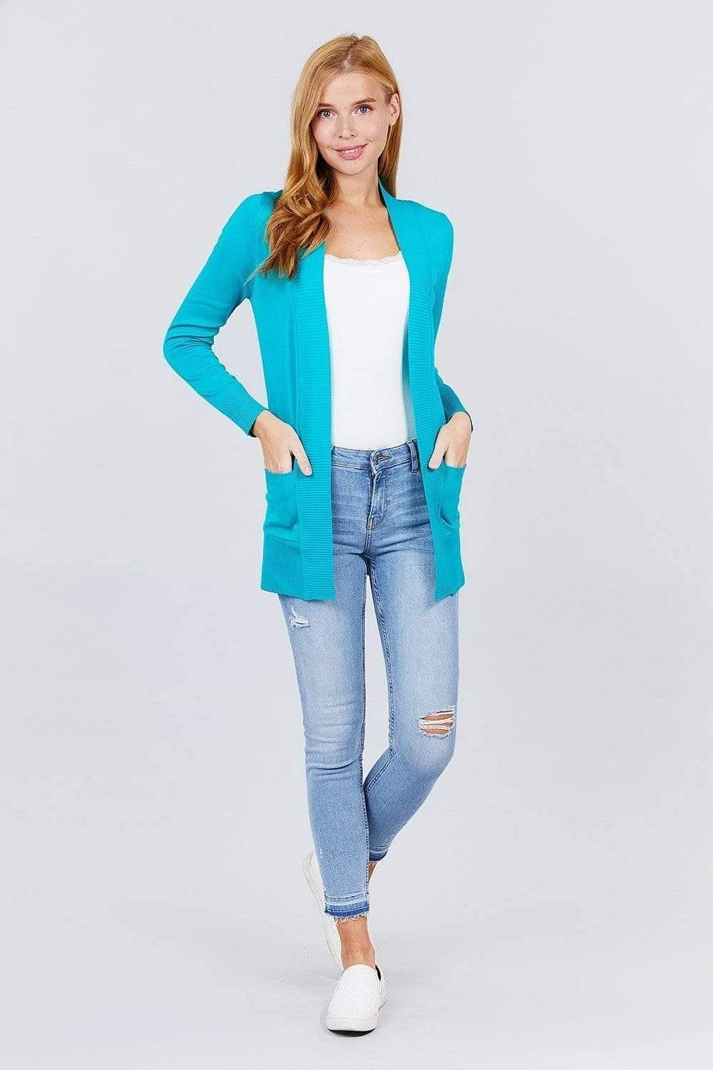 Turquoise Long Sleeve Open-Front Rib Knit Cardigan - Shopping Therapy, LLC Cardigan