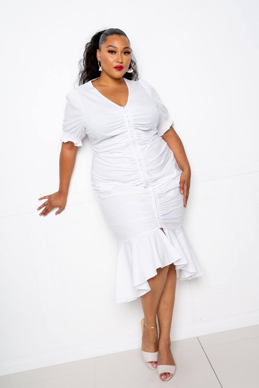 White 3/4 Sleeve Ruched Mermaid Dress - Shopping Therapy, LLC Dress