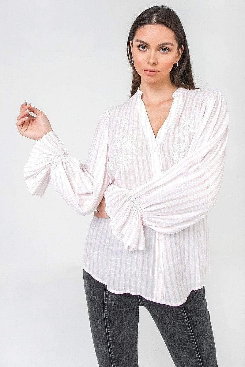 White Bell Sleeve V-Neck Stripe Top - Shopping Therapy, LLC Top