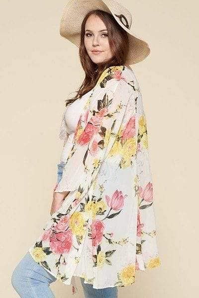 White Floral Plus Size Long Sleeve Kimono