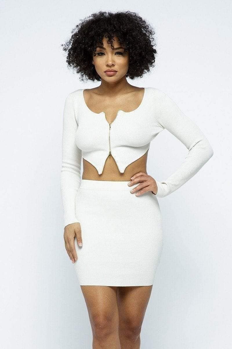White Long Sleeve Crop Top And Mini Skirt - Shopping Therapy, LLC Sets