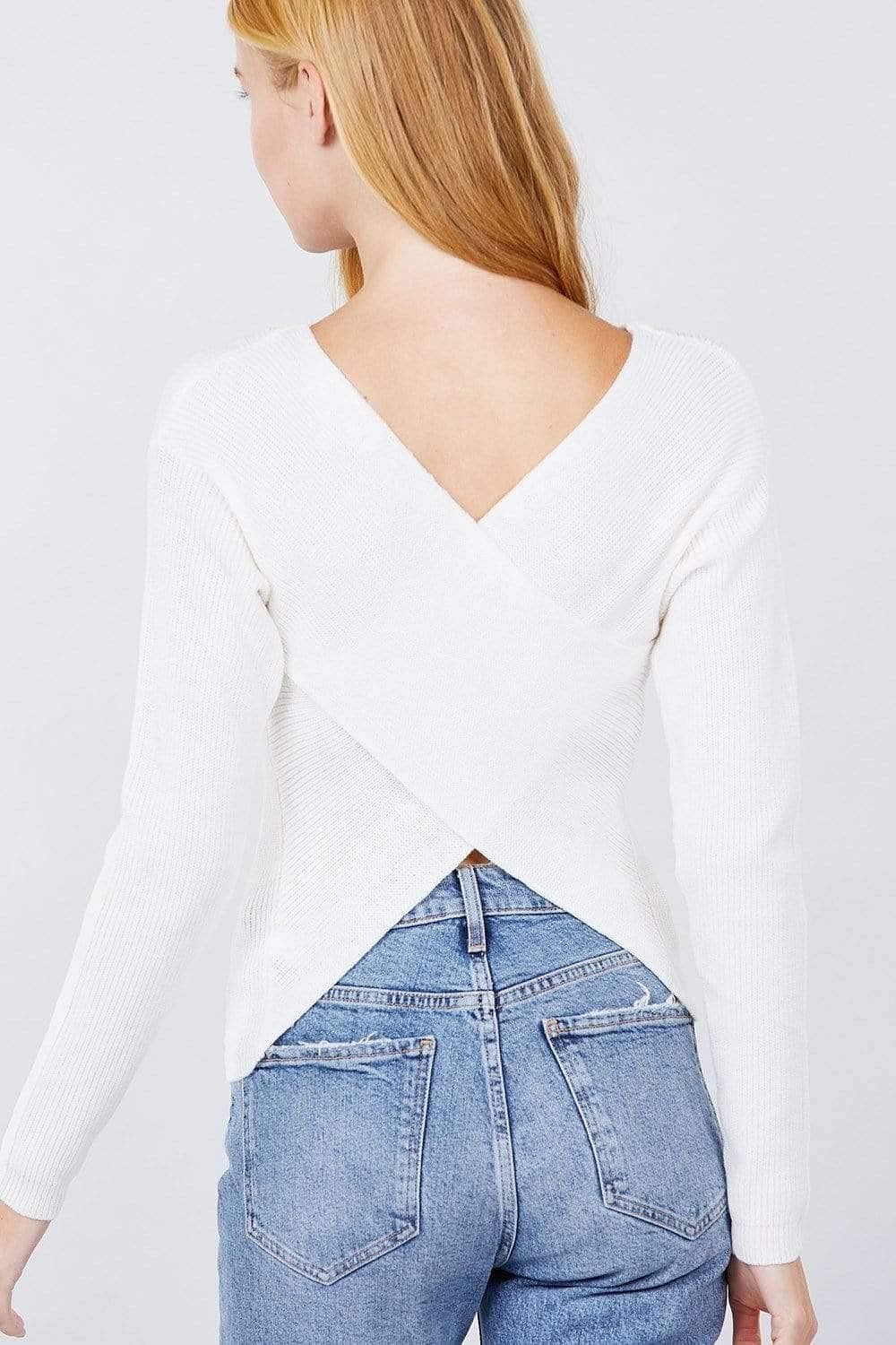 White Long Sleeve Eyelet Strap V-Neck Sweater - Shopping Therapy S