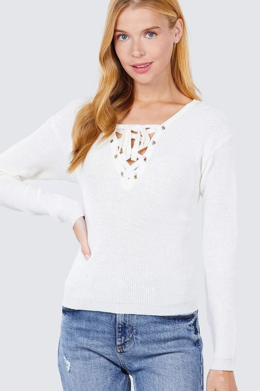 White Long Sleeve Eyelet Strap V-Neck Sweater - Shopping Therapy L
