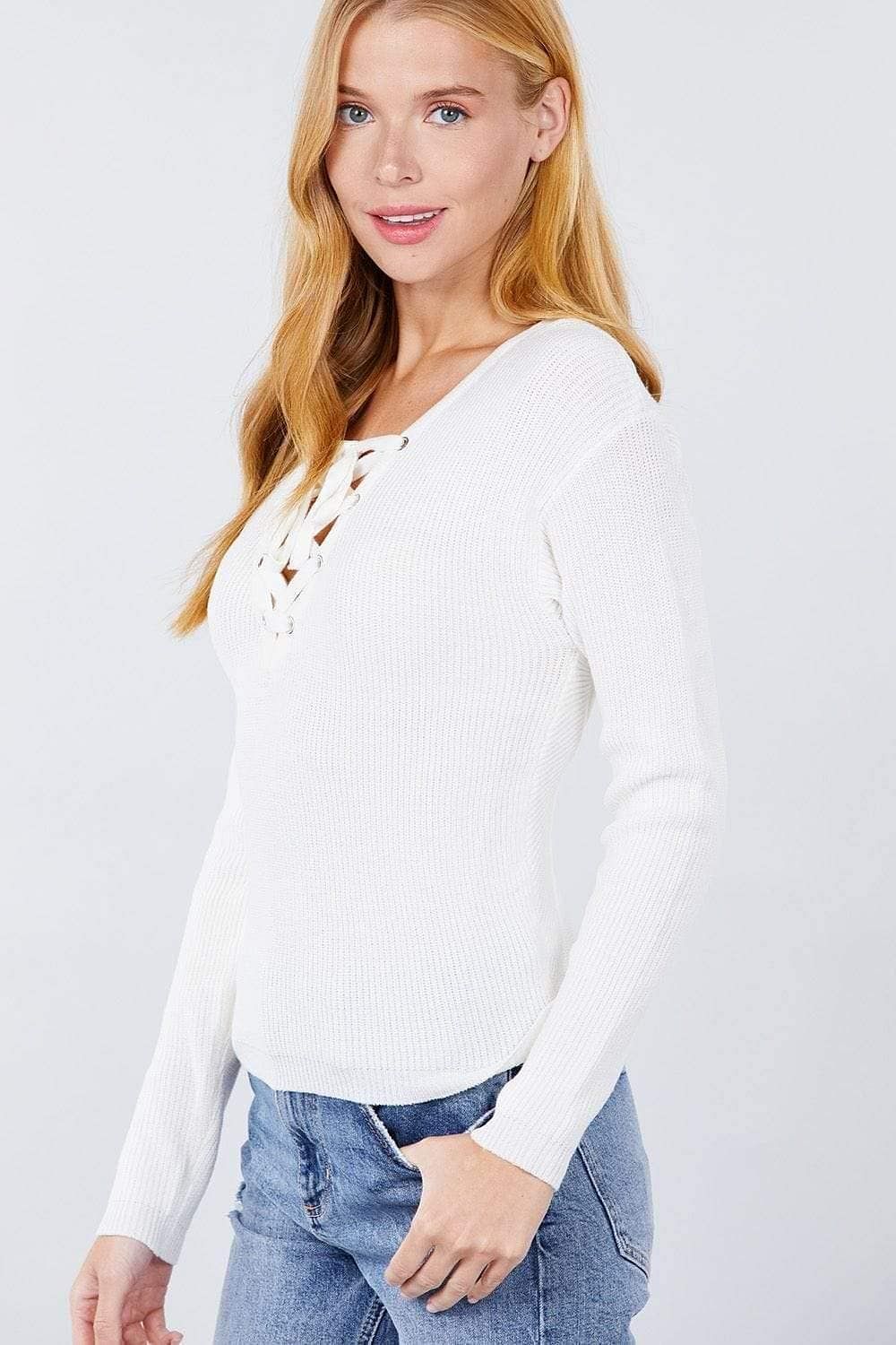 White Long Sleeve Eyelet Strap V-Neck Sweater - Shopping Therapy M