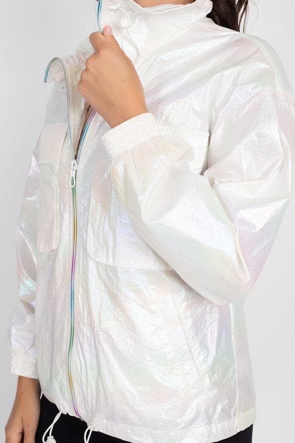 White Long Sleeve Holographic Windbreaker - Shopping Therapy, LLC Jacket