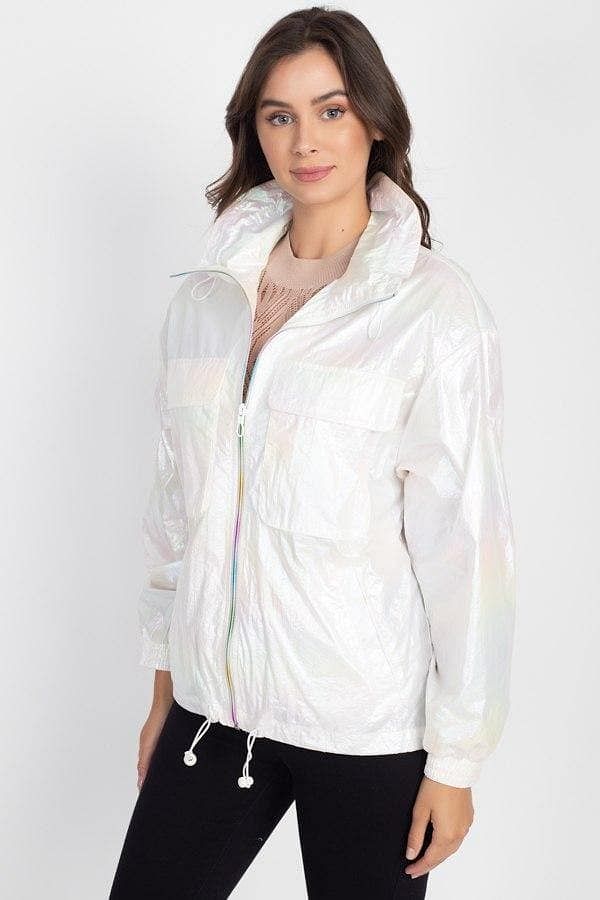 White Long Sleeve Holographic Windbreaker - Shopping Therapy, LLC Jacket
