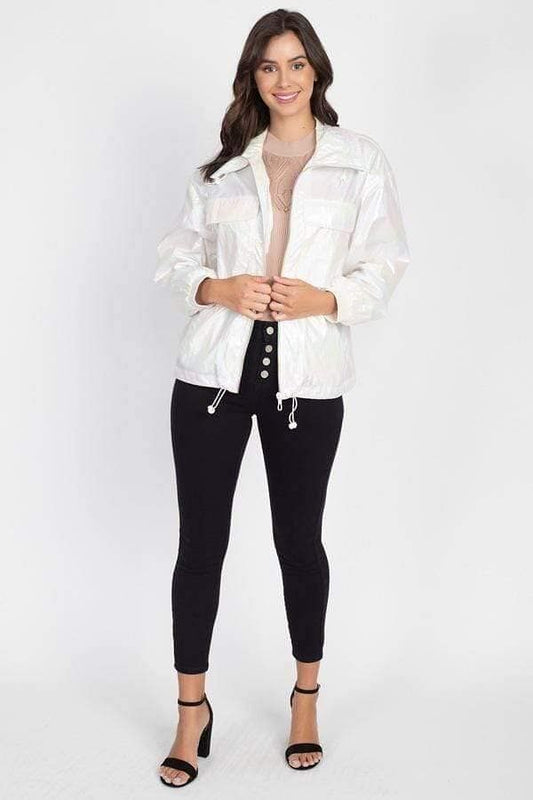 White Long Sleeve Holographic Windbreaker - Shopping Therapy, LLC Jacket