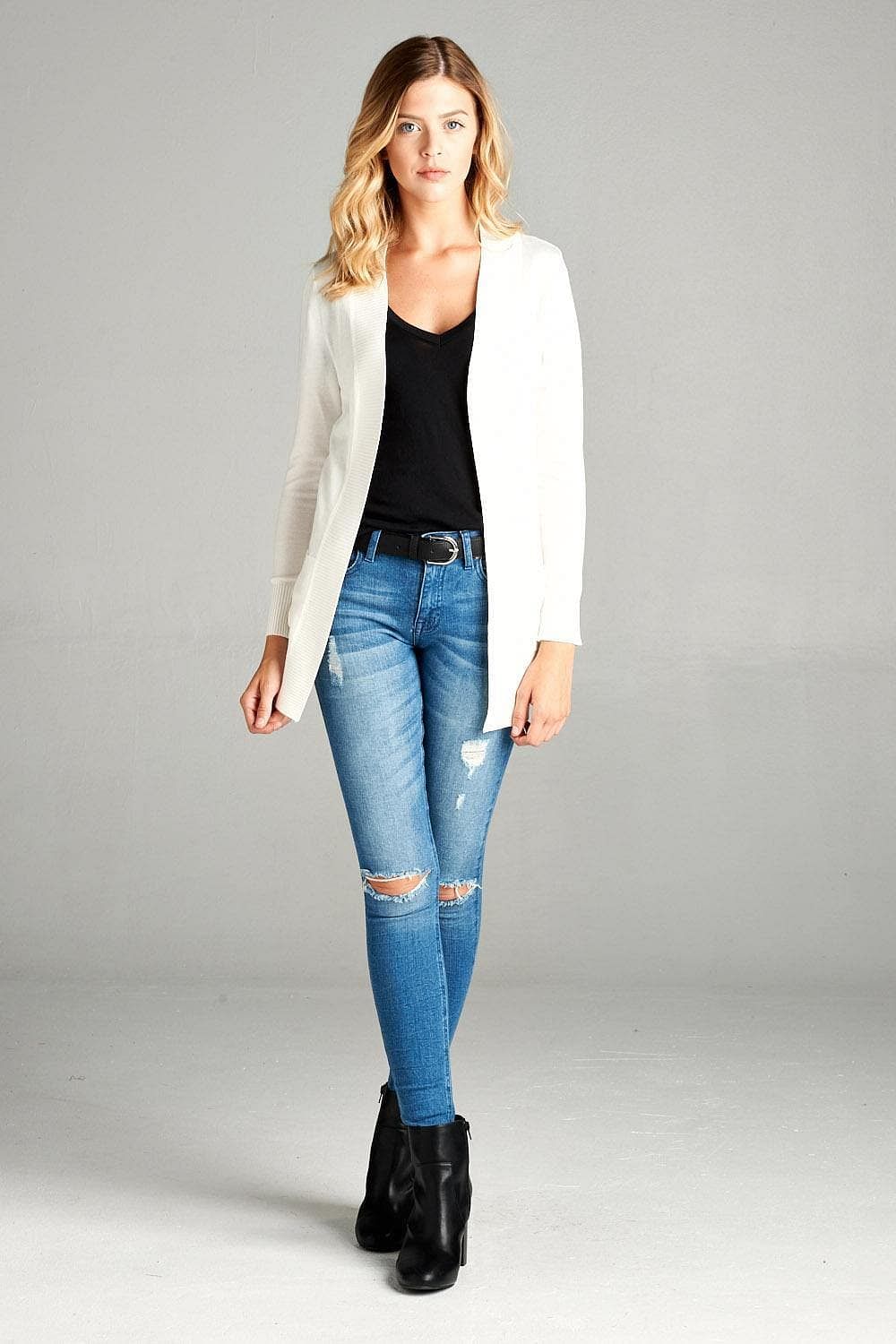 White Long Sleeve Open Front Rib knit Cardigan - Shopping Therapy M Cardigan