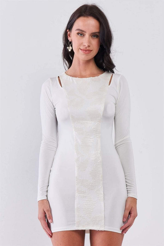 White Long Sleeve Sequin Mini Dress - Shopping Therapy, LLC Dresses