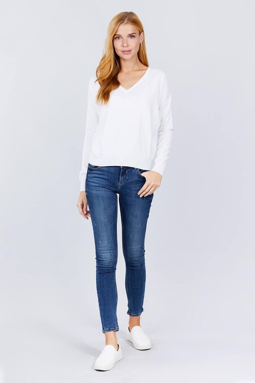 White Long Sleeve V-Neck Pullover Sweater