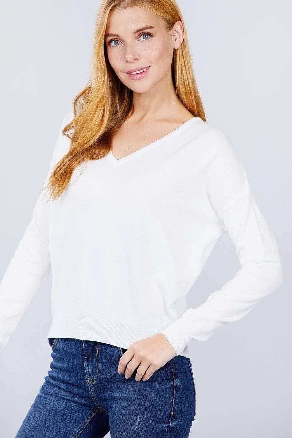 White Long Sleeve V-Neck Pullover Sweater - Shopping Therapy, LLC Sweater