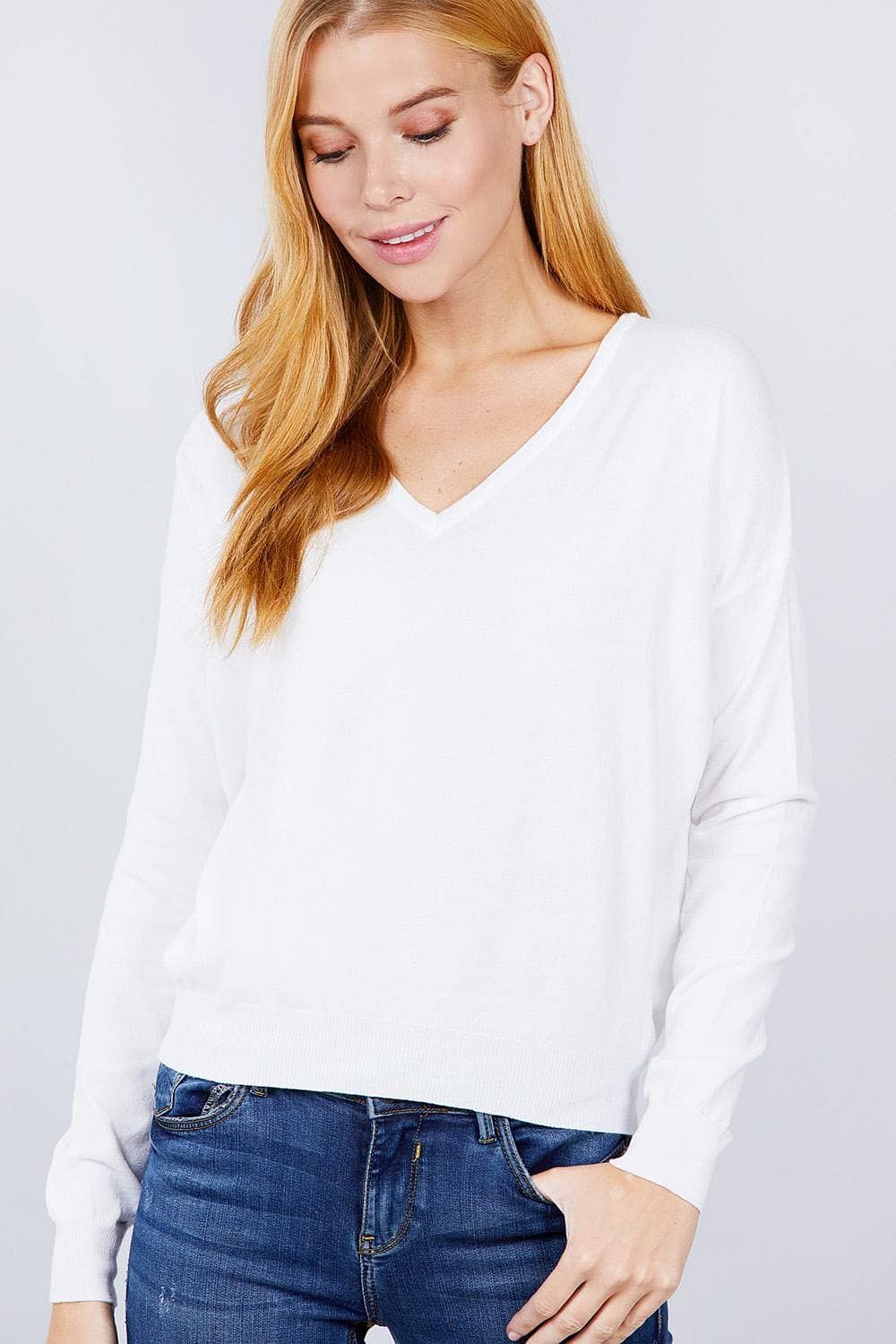 White Long Sleeve V-Neck Pullover Sweater - Shopping Therapy, LLC Sweater