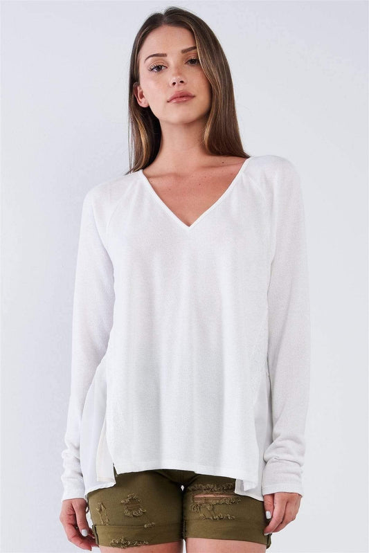 White Long Sleeve V-Neck Pullover Tunic - Shopping Therapy, LLC Shirts & Tops