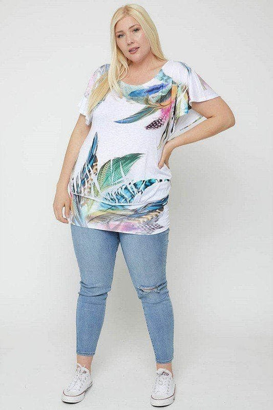 White Plus Size Short Sleeve Feather Print Top - Shopping Therapy, LLC Top