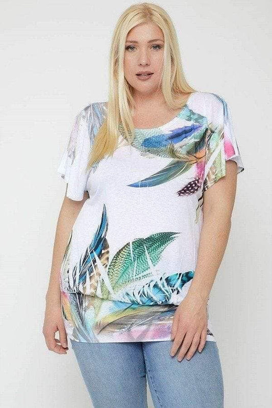 White Plus Size Short Sleeve Feather Print Top - Shopping Therapy, LLC Top