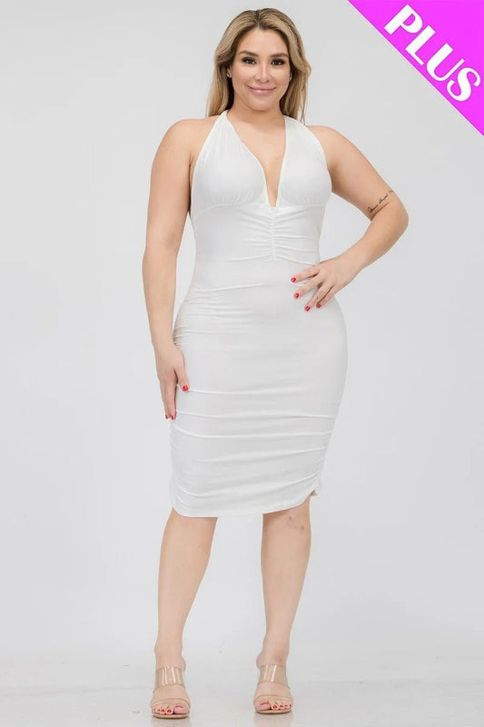 White Plus Size V-Neck Crisscross Back Bodycon Dress - Shopping Therapy 1XL Dress