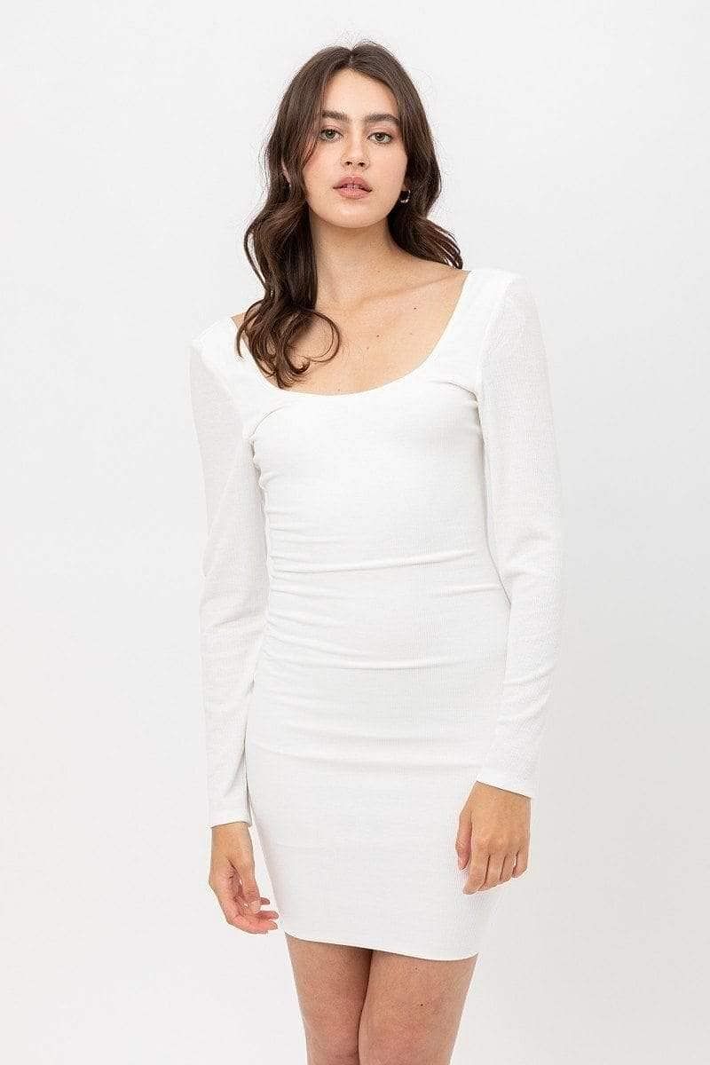 White Round Neck Long Sleeve Mini Dress - Shopping Therapy, LLC Dress