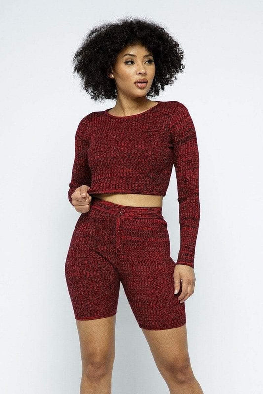 Wine Long Sleeve Crop Top And Biker Shorts With Front Buttons - Shopping Therapy, LLC Sets