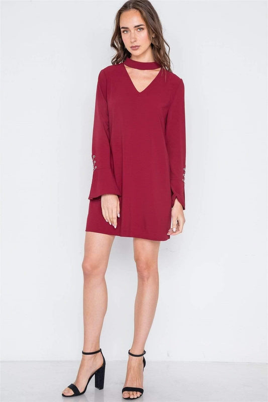Wine Long Sleeve V-Neck Mini Dress - Shopping Therapy, LLC Dress