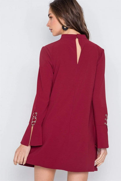 Wine Long Sleeve V-Neck Mini Dress - Shopping Therapy, LLC Dress