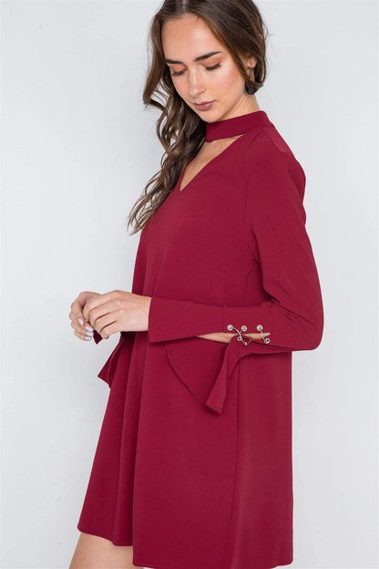 Wine Long Sleeve V-Neck Mini Dress - Shopping Therapy, LLC Dress