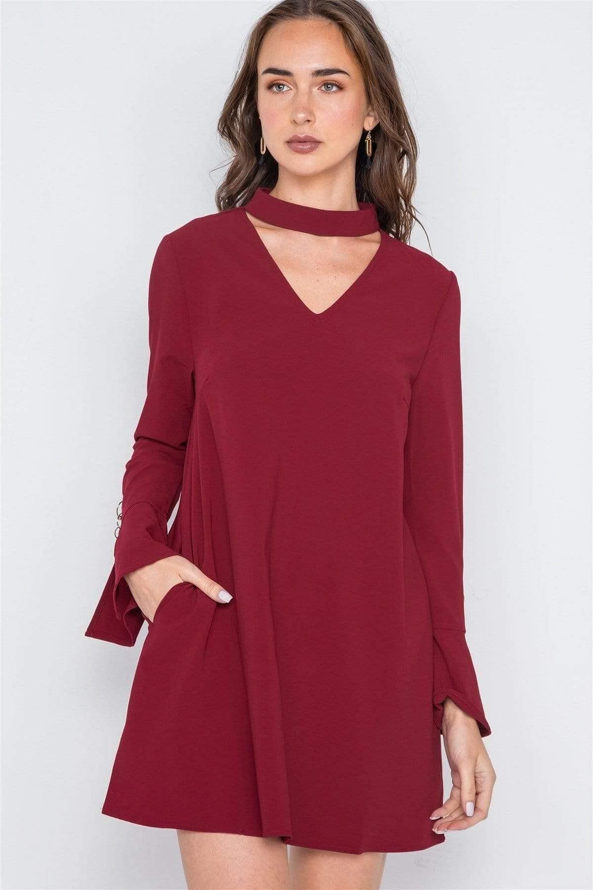 Wine Long Sleeve V-Neck Mini Dress - Shopping Therapy S Dress