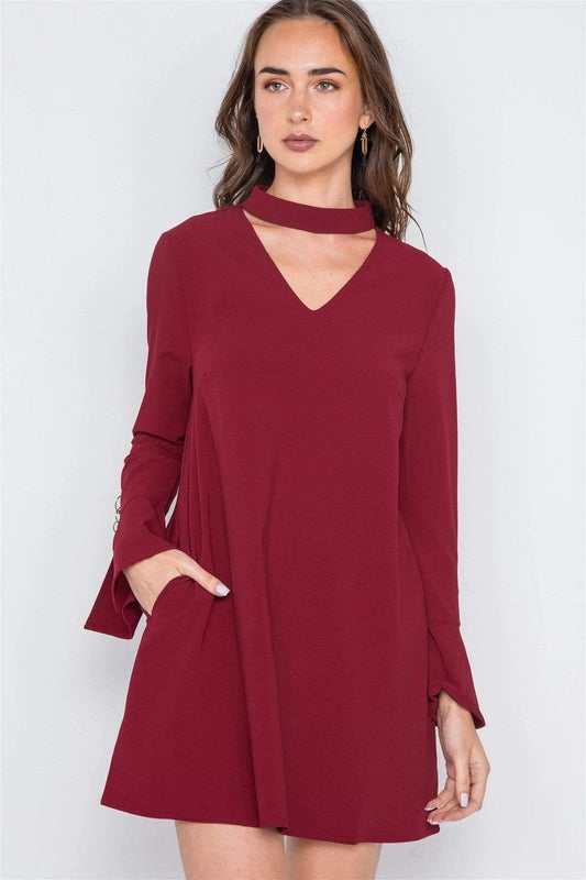 Wine Long Sleeve V-Neck Mini Dress - Shopping Therapy, LLC Dress