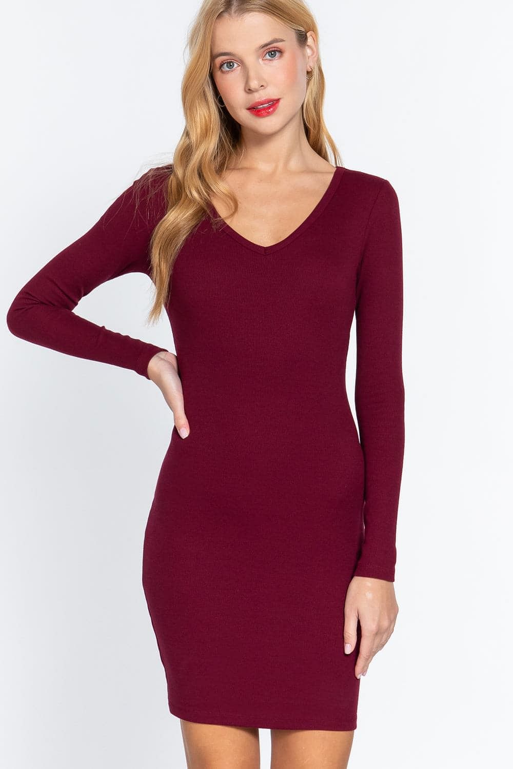 Wine Long Sleeve V-Neck Mini Sweater Dress