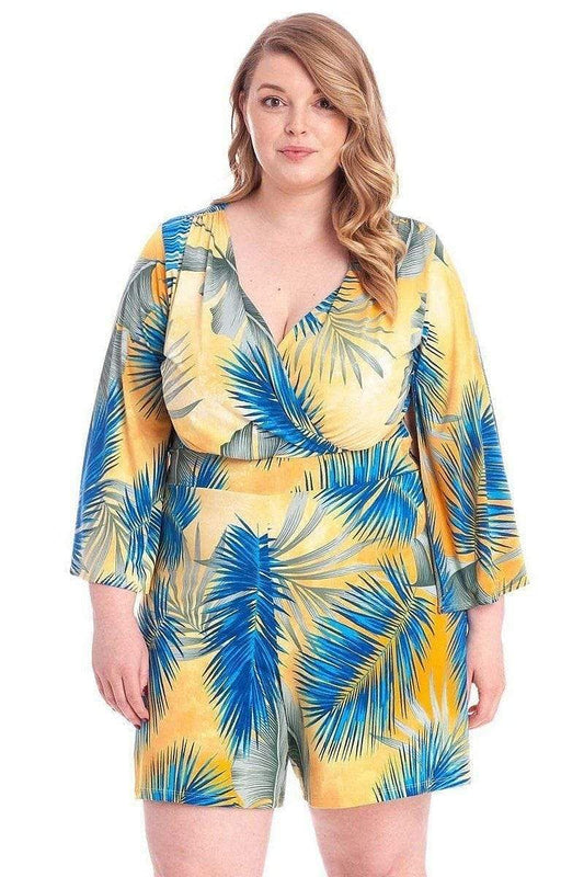 Yellow Floral Plus Size Long Sleeve V-Neck Romper - Shopping Therapy 1XL rompers