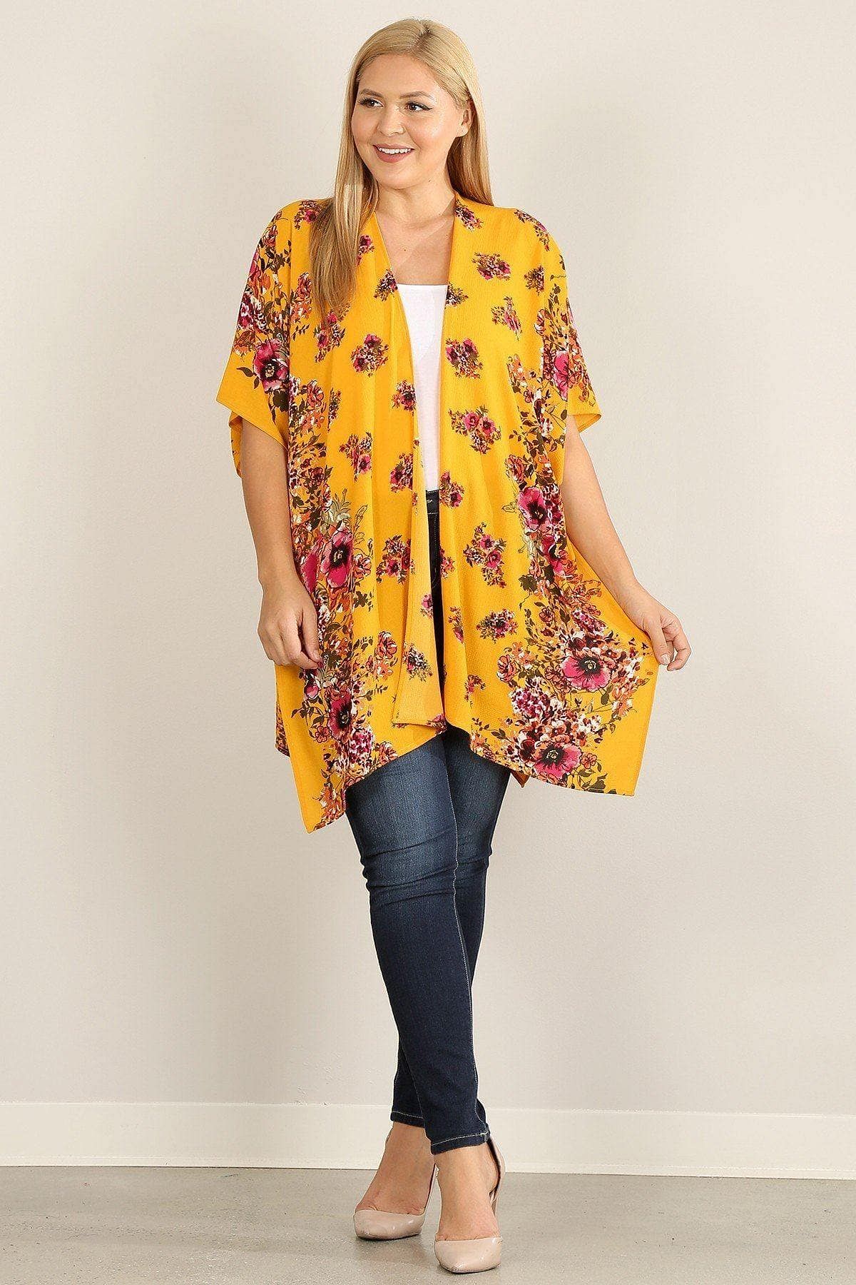 Yellow Floral Plus Size 3/4 Sleeve Kimono - Shopping Therapy, LLC 
