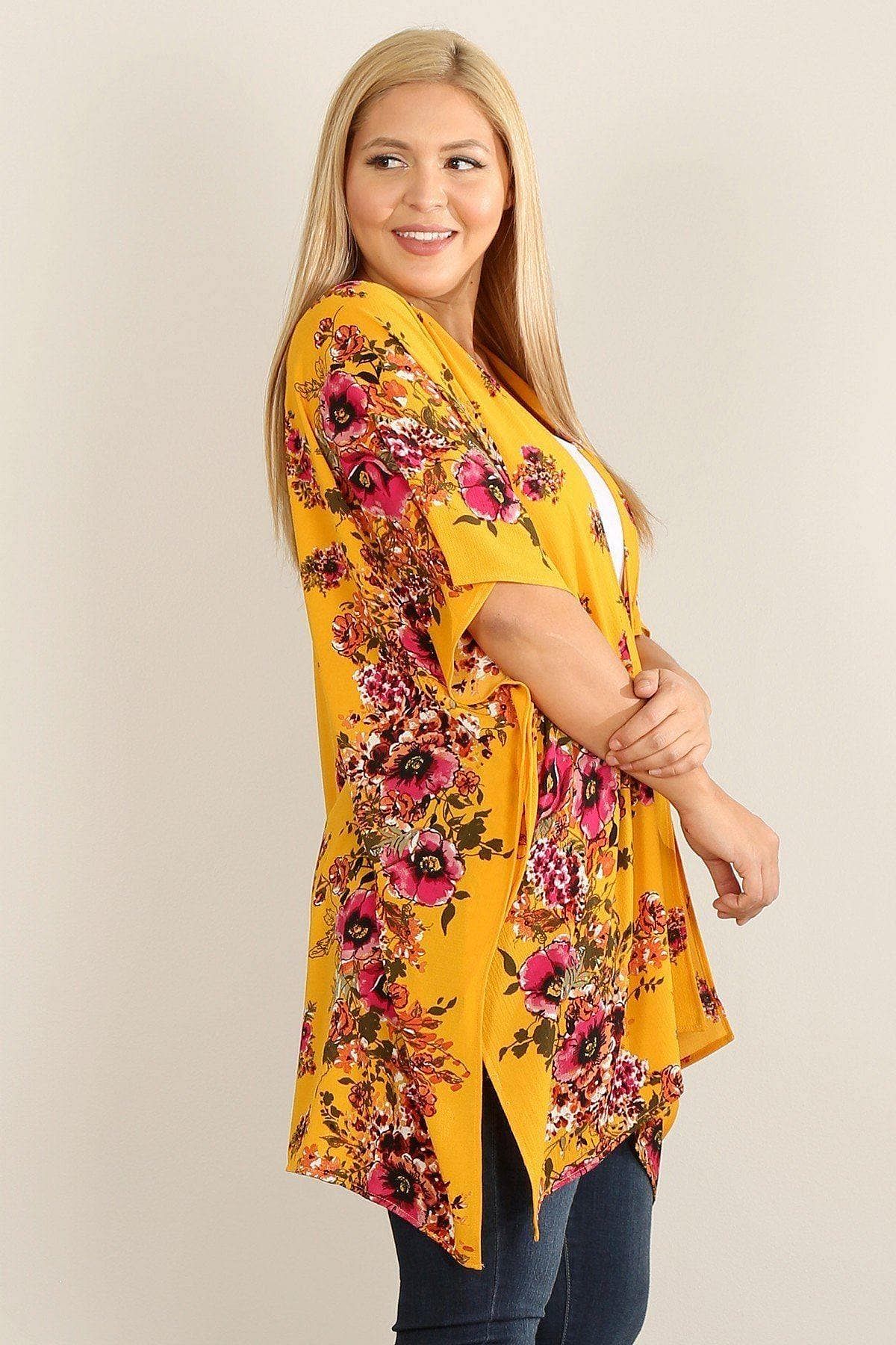 Yellow Floral Plus Size 3/4 Sleeve Kimono - Shopping Therapy, LLC 
