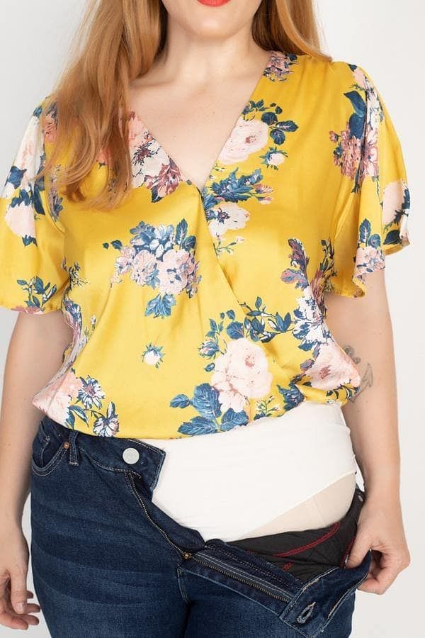Yellow Floral Printed Plus Size 3/4 Sleeve Bodysuit - Shopping Therapy, LLC Top