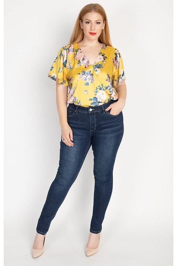 Yellow Floral Printed Plus Size 3/4 Sleeve Bodysuit - Shopping Therapy, LLC Top