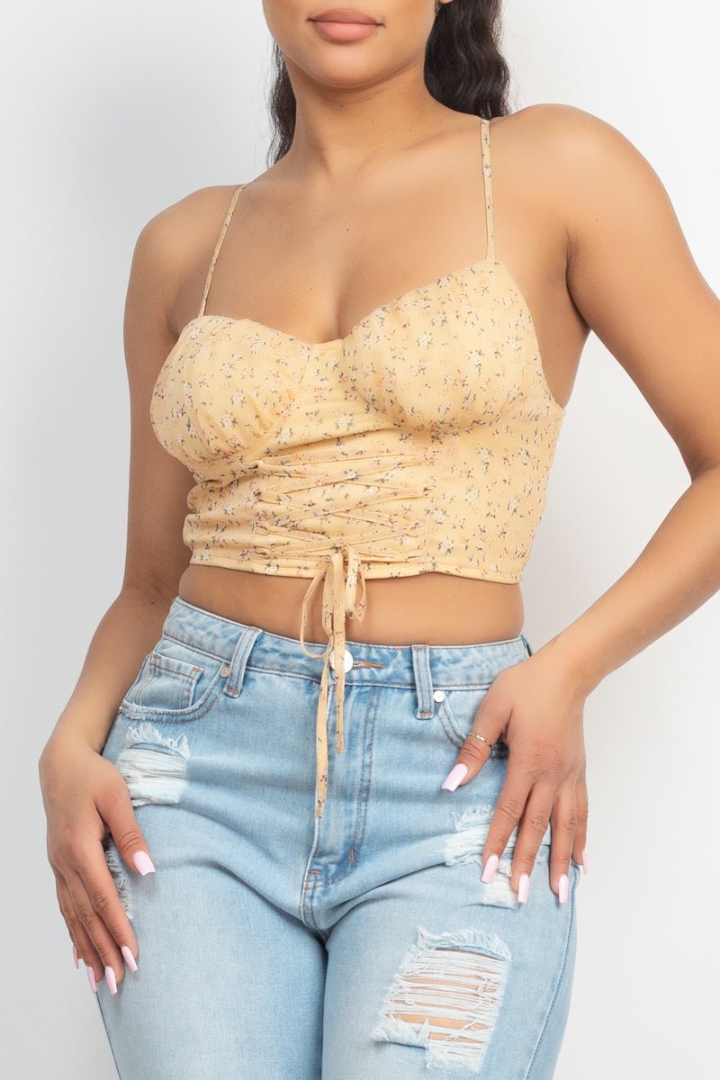 Yellow Floral Spaghetti Strap Crop Top - Shopping Therapy, LLC Tops