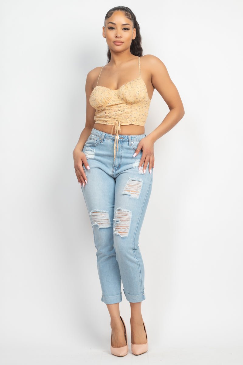 Yellow Floral Spaghetti Strap Crop Top - Shopping Therapy, LLC Tops
