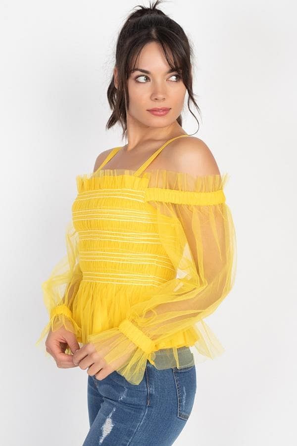 Yellow Long Sleeve Off-The-Shoulder Sheer Mesh Top - Shopping Therapy, LLC Top