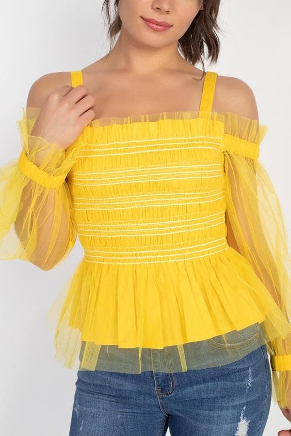 Yellow Long Sleeve Off-The-Shoulder Sheer Mesh Top - Shopping Therapy, LLC Top