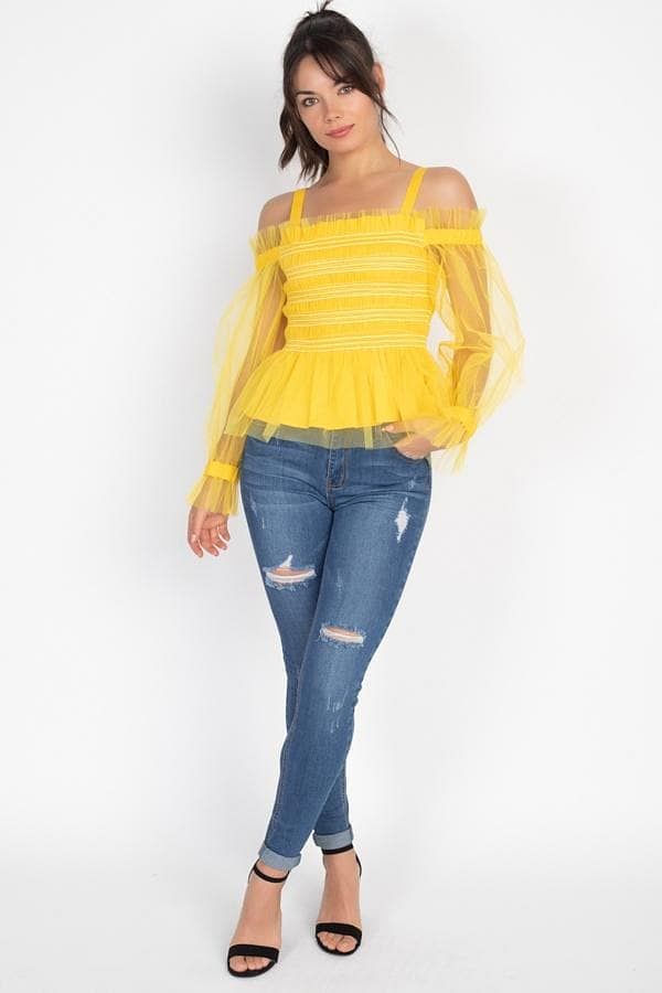 Yellow Long Sleeve Off-The-Shoulder Sheer Mesh Top - Shopping Therapy Top