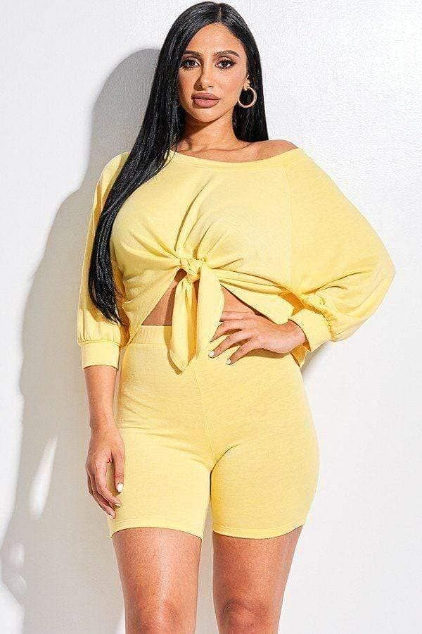 Yellow Long Sleeve Top And Short Set - Shopping Therapy, LLC Outfit Sets