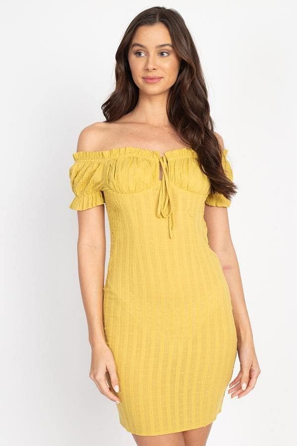 Yellow Off The Shoulder Smocked Dress - Shopping Therapy, LLC Dress