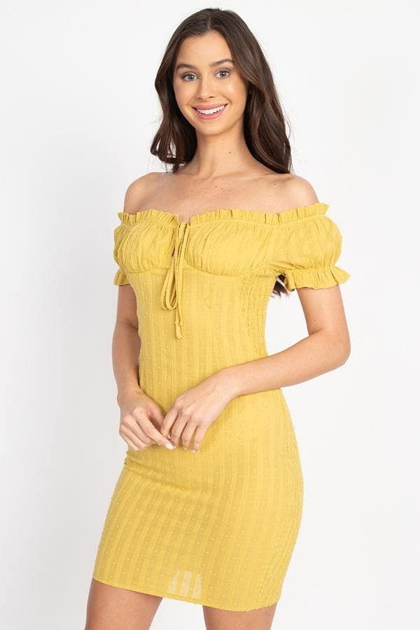 Yellow Off The Shoulder Smocked Dress - Shopping Therapy, LLC Dress