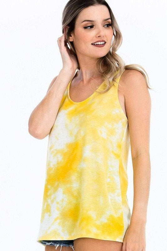 Yellow Sleeveless Tie-Dye Scoop Neck Tank - Shopping Therapy, LLC Top