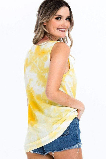 Yellow Sleeveless Tie-Dye Scoop Neck Tank - Shopping Therapy, LLC Top